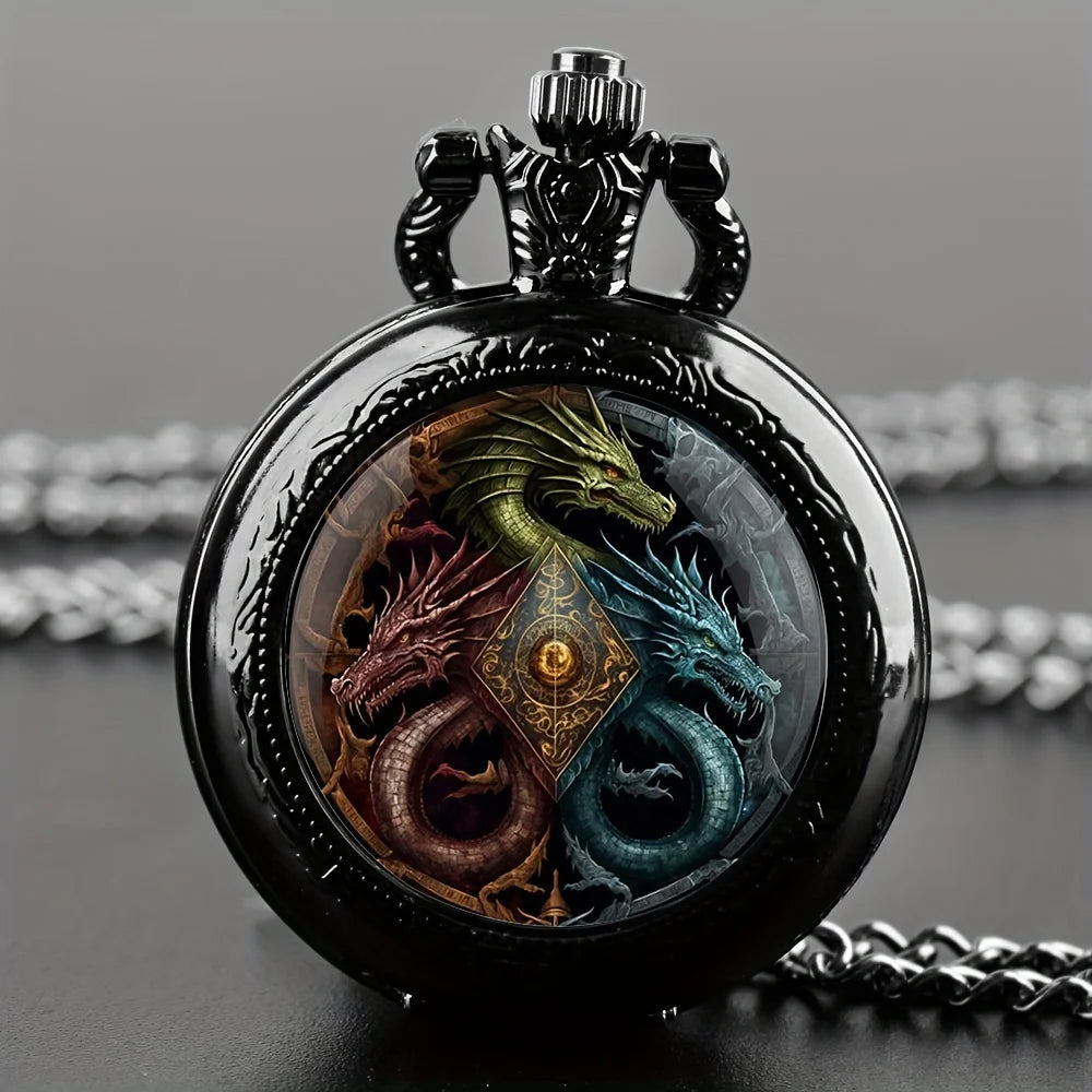 1Pcs Vintage Black Animal Dragon-Themed Necklace Pendant with a Small Quartz Pocket Watch Clock Gift For Male and Kids