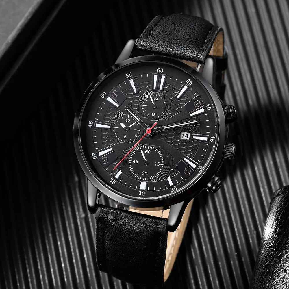 New 4Pcs Set Men Watches Luxury Fashion Leather Band Quartz Wristwatch With Bracelet Gift Clock Male Montre Relogio Masculino