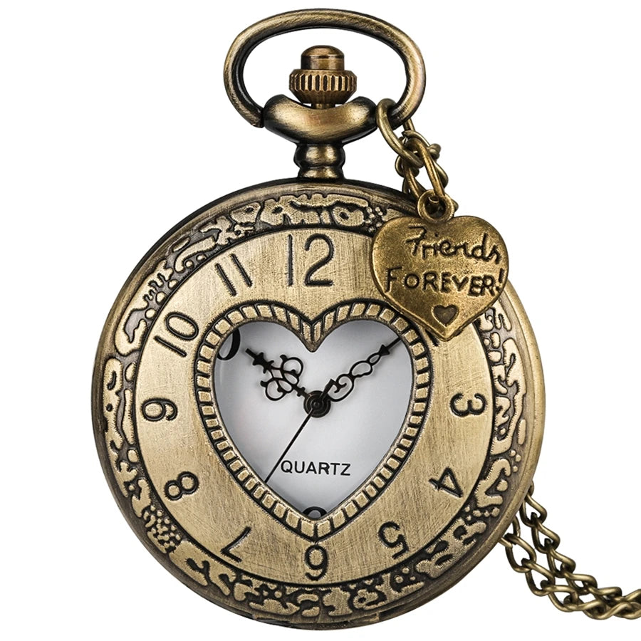 Bronze Vintage Quartz Pocket Watch Love Heart Hollow Clock With Necklace Chain Womens Sisters GIfts Exquisite Relojes
