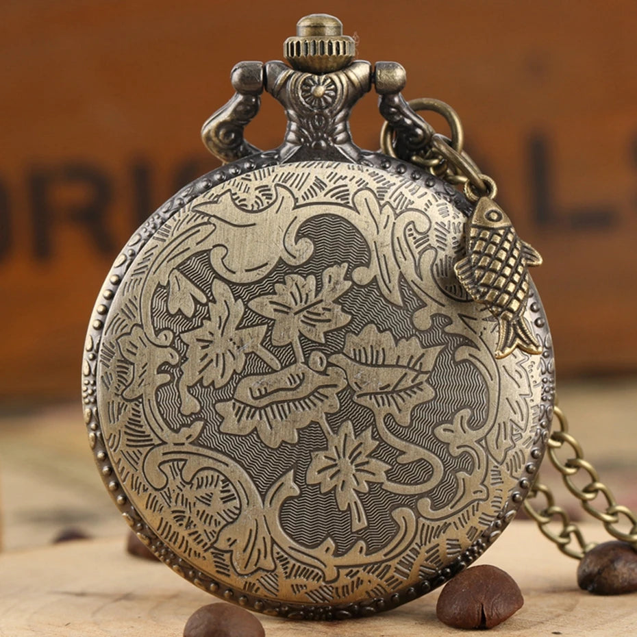Bronze Fishing Pocket Watch Vintage Steampunk Quartz Pocket Watch with Necklace Chain Fashion Best Gift for Male Men Clock