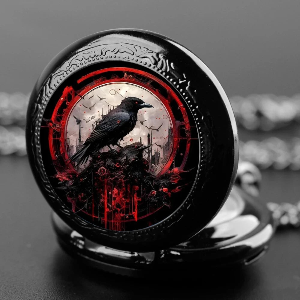 Vintage Black Crow Quartz Pocket Watch - Necklace Pendant With World Time Feature, Alloy Case, Ideal Gift For Men & Women