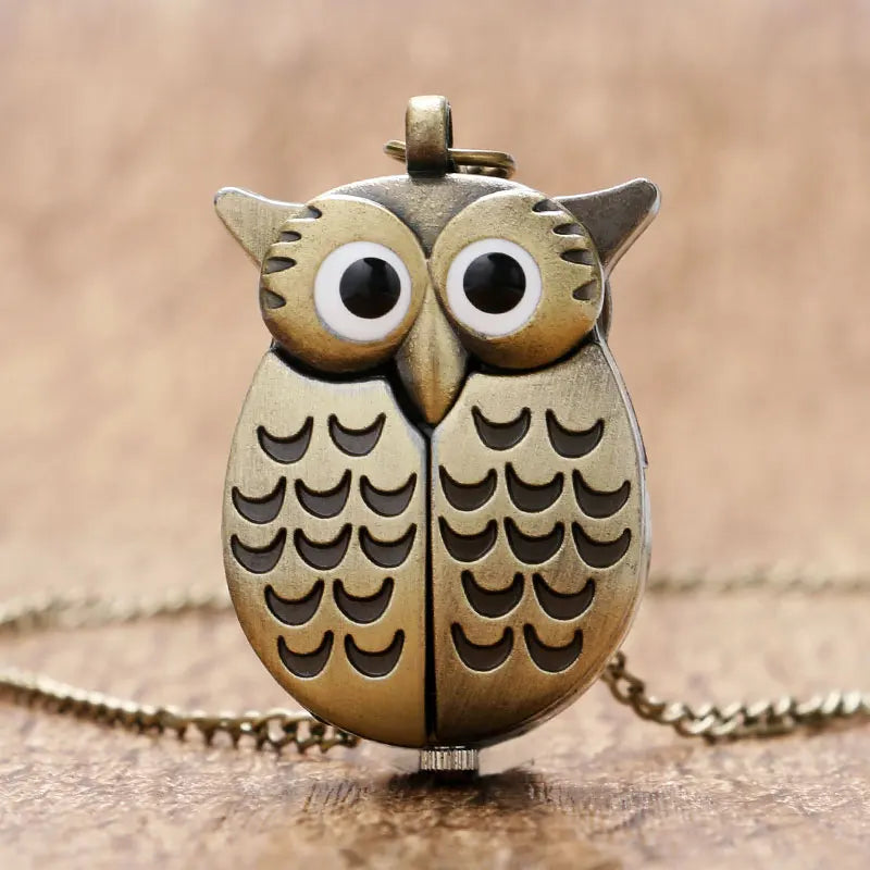 3D Owl Cute Pocket Watch Vintage Punk Bronze Nighthawk Quartz Pocket Watches with Necklace Chain Kid Ladies Souvenirs Gift Clock