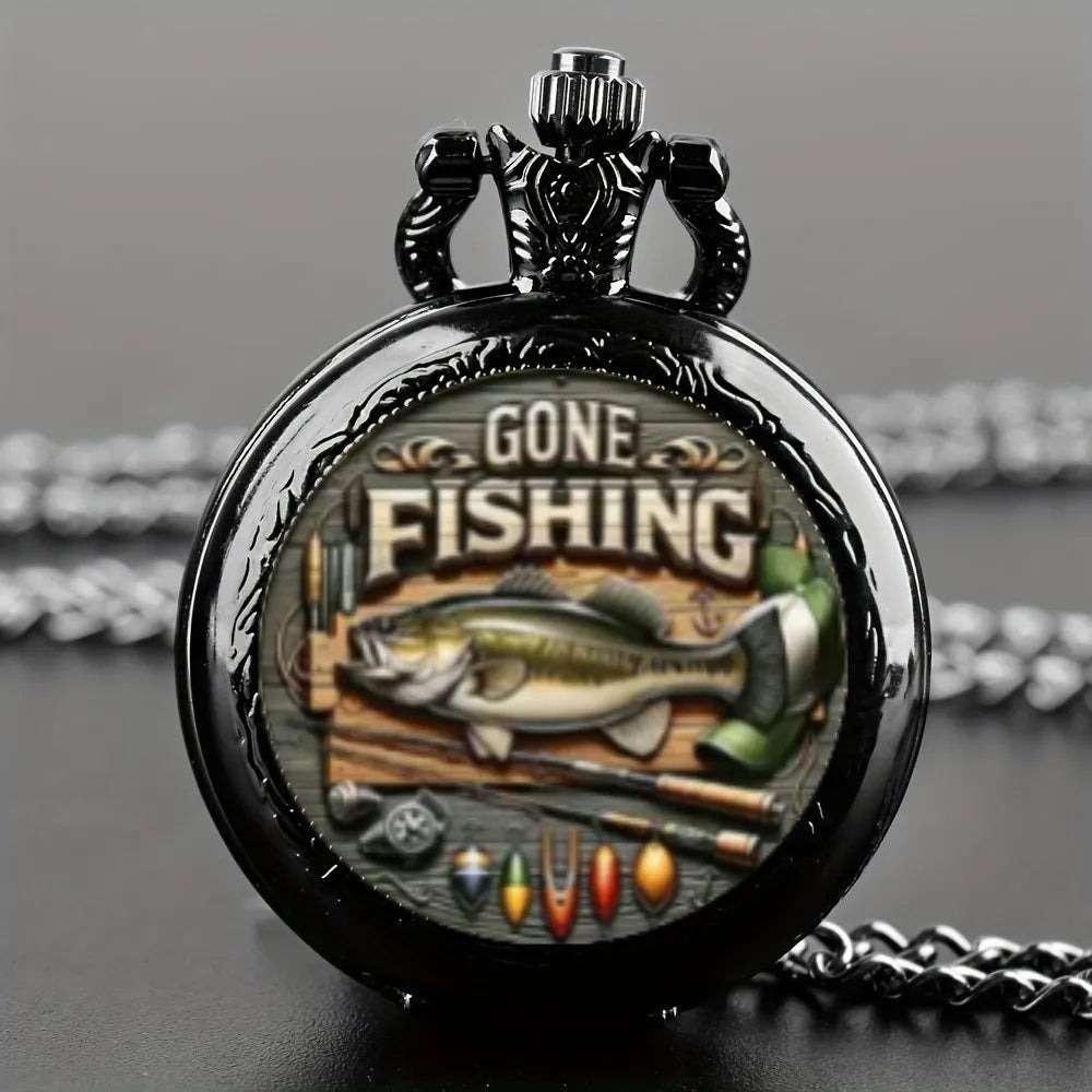 Vintage Gone Fishing Pattern Quartz Pocket Watch with Pendant Chain - World Time Feature, Electronic Drive for Men and Teens