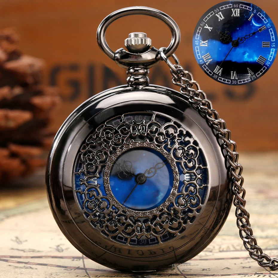 Vintage Clock Exquisite Starry Blue Dial Hollow Quartz Pocket Watch with Necklace Chain Pendant Gift Men's Clock