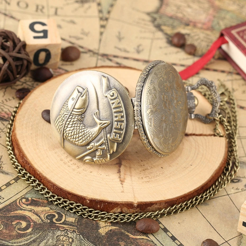 Bronze Fishing Pocket Watch Vintage Steampunk Quartz Pocket Watch with Necklace Chain Fashion Best Gift for Male Men Clock
