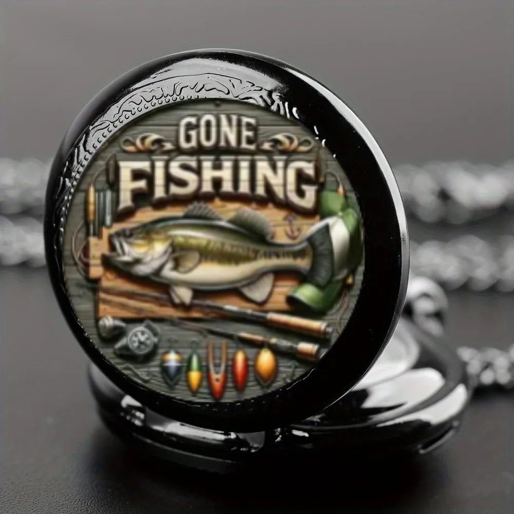 Unique Vintage Gone Fishing Pattern Quartz Pocket Watch with Pendant Chain - World Time Feature,  Great Gift for Men and Teens