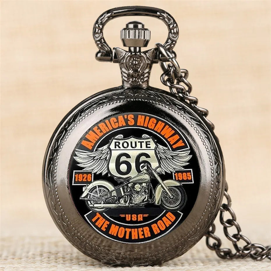 Vintage Route 66 Pattern Pocket Watch,Men's Fashion Quartz Necklace Pendant, World Time Display, Round Dial, Electronic Movement