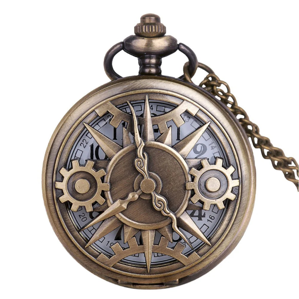 Retro Pocket Watch Hollow Gearwheel Vintage Exquisite Bronze Quartz Watches With Necklace Chain Best Souvenir Gift Clock Relojes