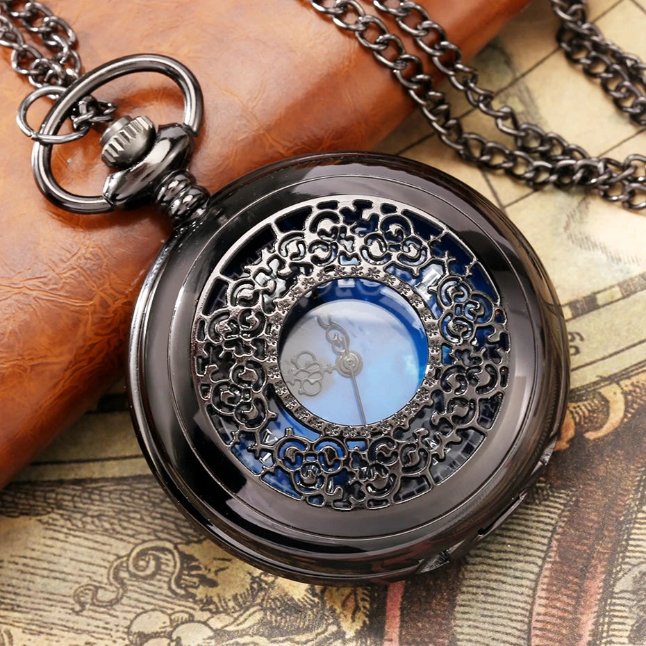 Vintage Clock Exquisite Starry Blue Dial Hollow Quartz Pocket Watch with Necklace Chain Pendant Gift Men's Clock