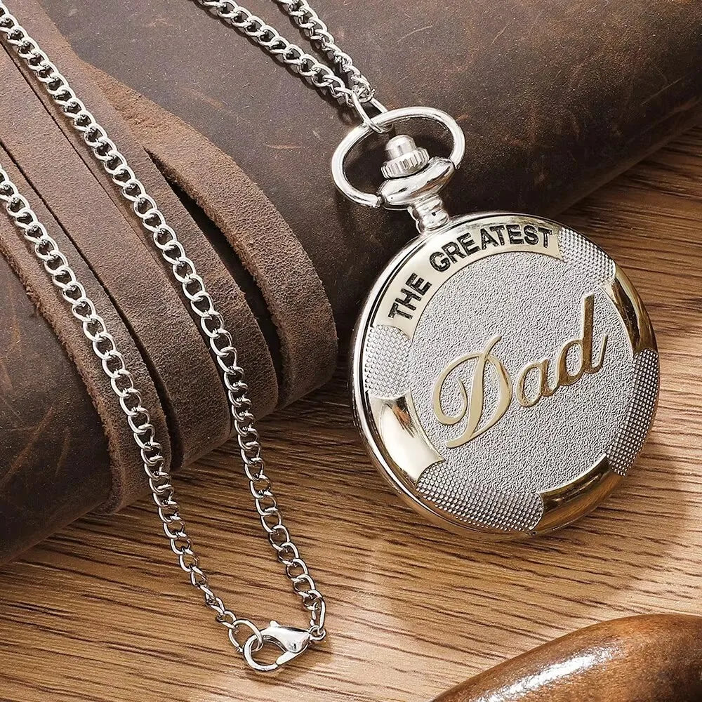 Exquisite " The GREAST DAD " Silver Gold Color Quartz Pocket Watch Best Father's Day Birthday Gift for Dad, Nostalgic Watch