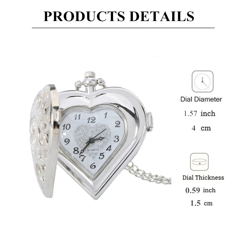 Elegant Romantic Silver Heart Shape Design Necklace Pendant Exquisite Quartz Pocket Watch Gift Fashion Clock For Female Ladies