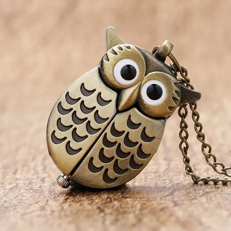 3D Owl Cute Pocket Watch Vintage Punk Bronze Nighthawk Quartz Pocket Watches with Necklace Chain Kid Ladies Souvenirs Gift Clock