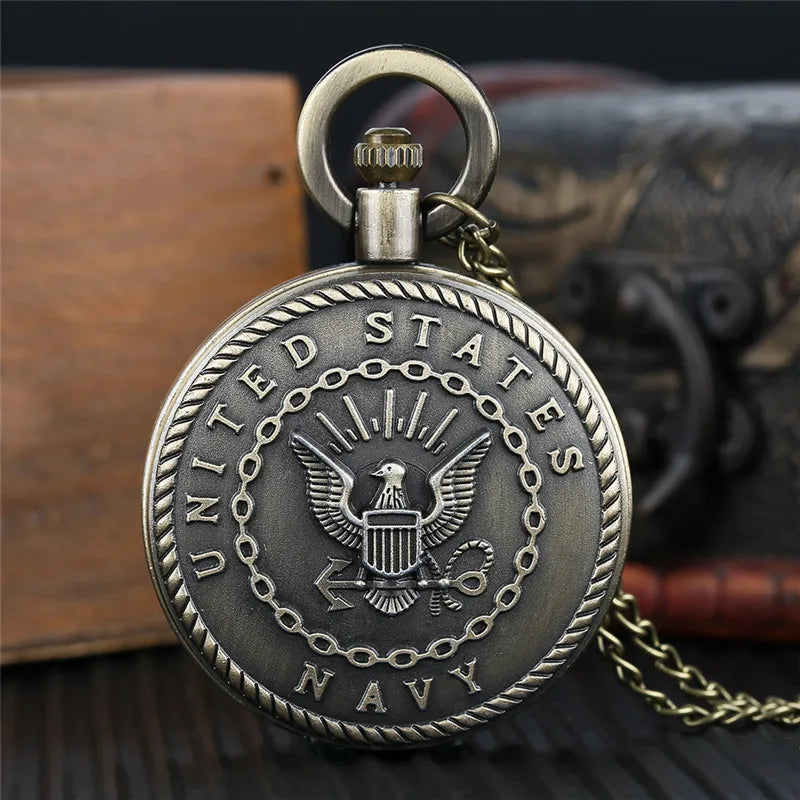 Retro Bronze  American Navy Quartz Pocke with Necklace Chain Cool Pendant Clock Gift for Men Vintage Watches