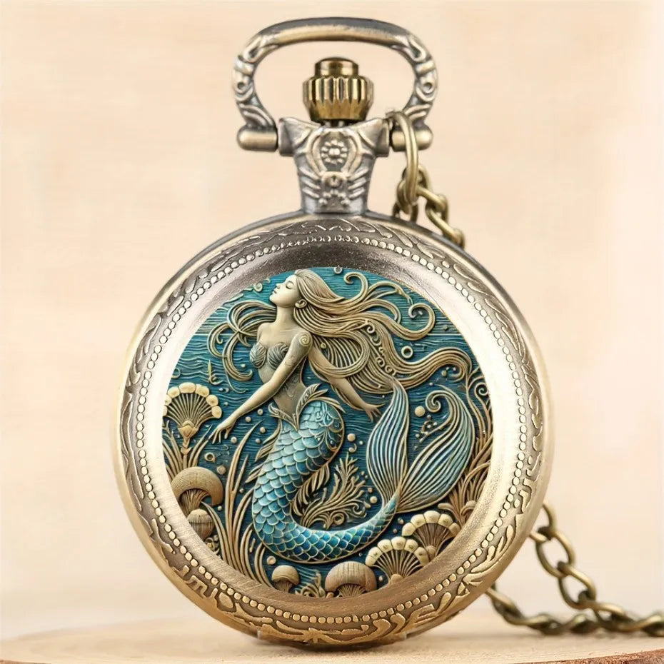 1Pcs Exquisite Mermaid Pattern Design Pocket Watch with Necklace Pendant -Quartz Movement, Elegant Jewelry Gift for Women Girls
