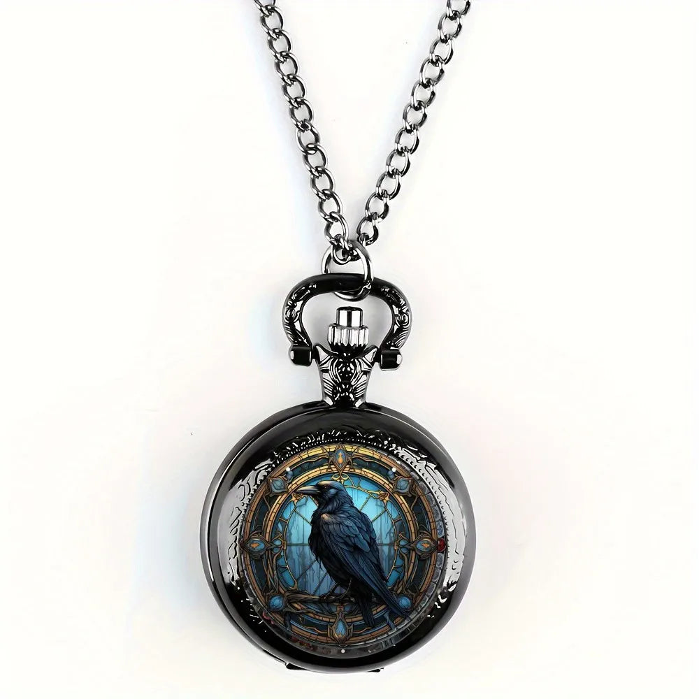 Vintage Unique Crow Black Quartz Pocket Watch - Necklace Pendant With World Time Feature, Ideal Gift For Men & Women and Kids