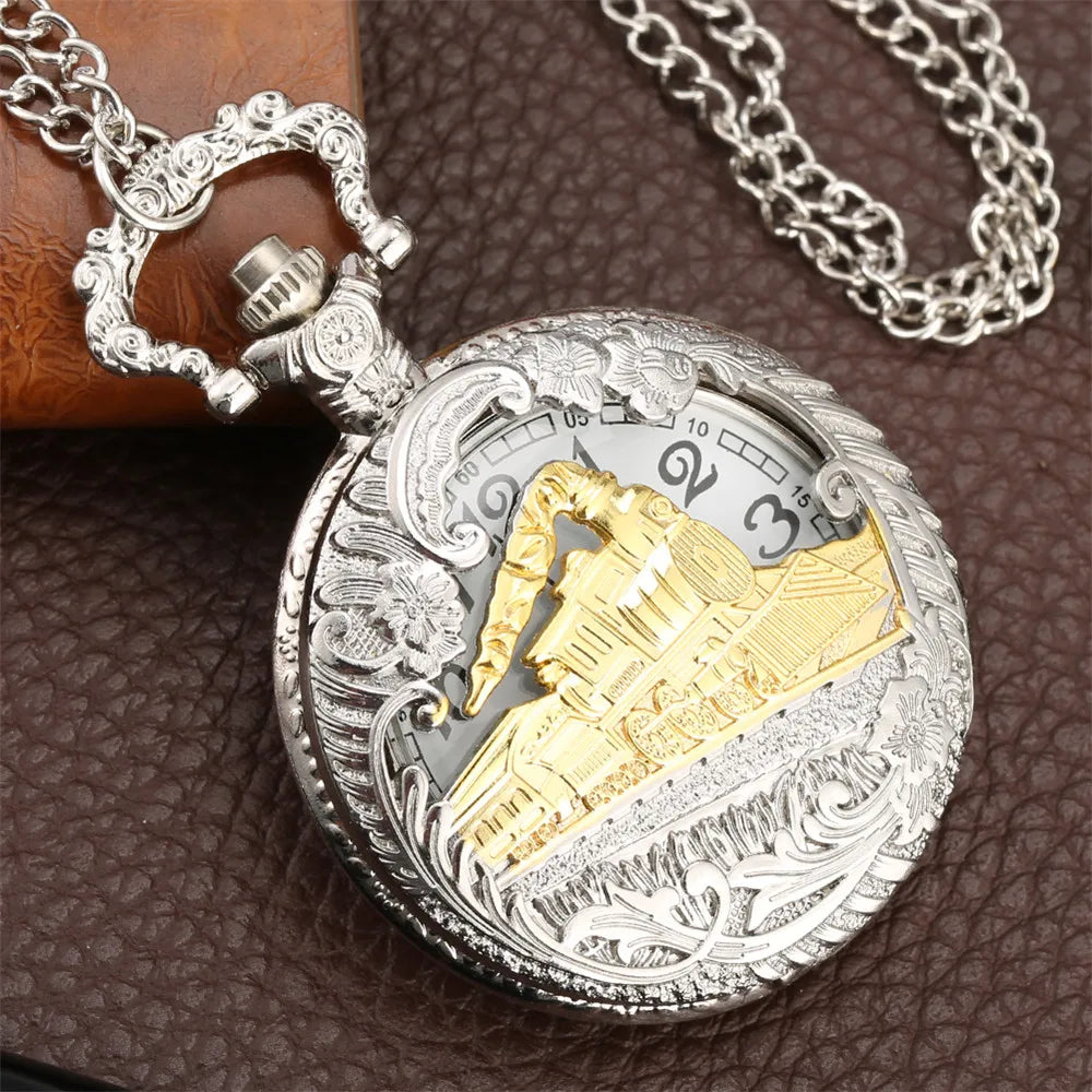 Vintage Silver Train Carved Hollow Steampunk Quartz Pocket Watch Men Women Charming Necklace Pendant Clock Elegant Relojes Gifts